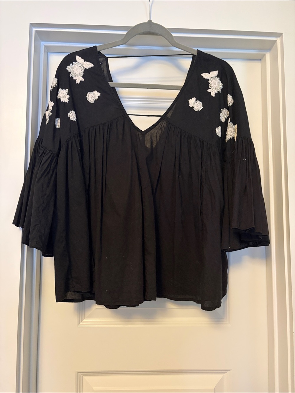 Maeve Black V-Neck Floral Embroidered Peasant Blouse